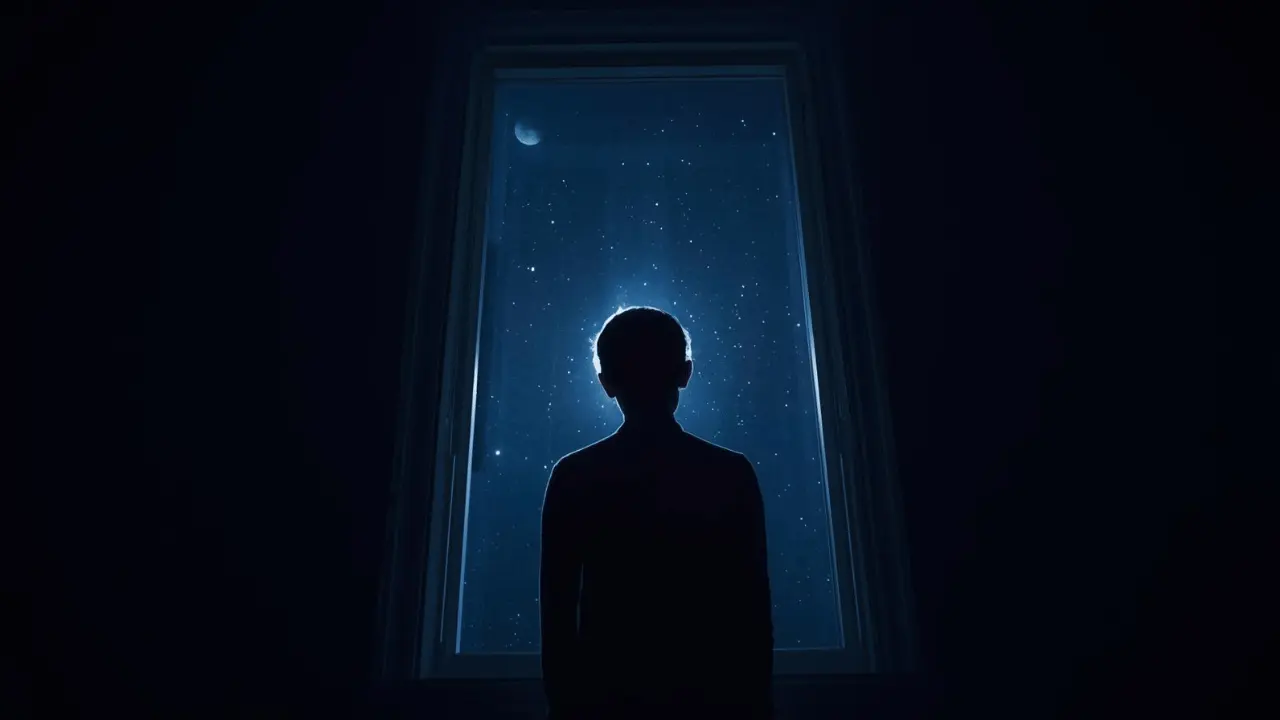 Silhouette of a person sitting by a window under a starry night sky, finding calm and trust in God during anxious moments