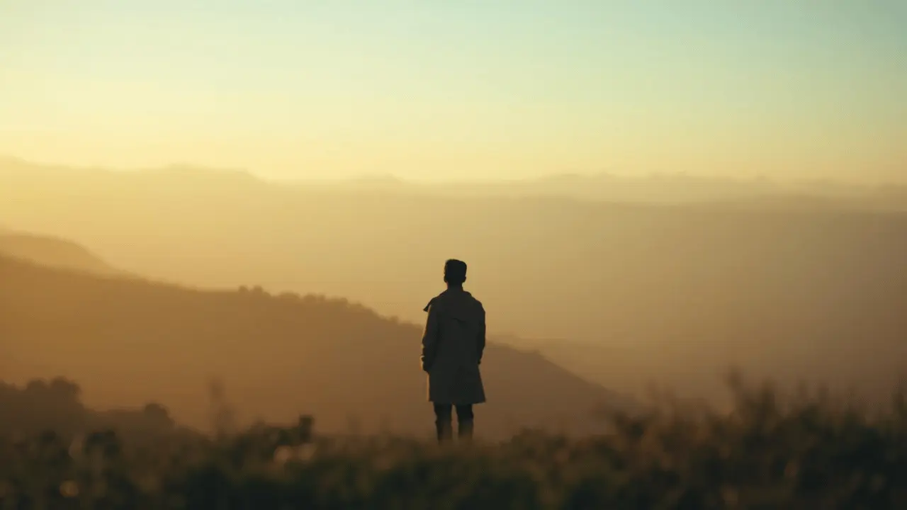 Silhouette of a person lifting their eyes toward glowing sunrise hills, symbolizing faith and divine assurance in Psalm 121