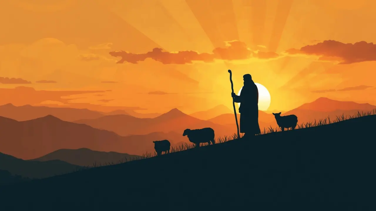 a shepherd and sheep at sunset symbolizing Psalm 23’s peace and guidance