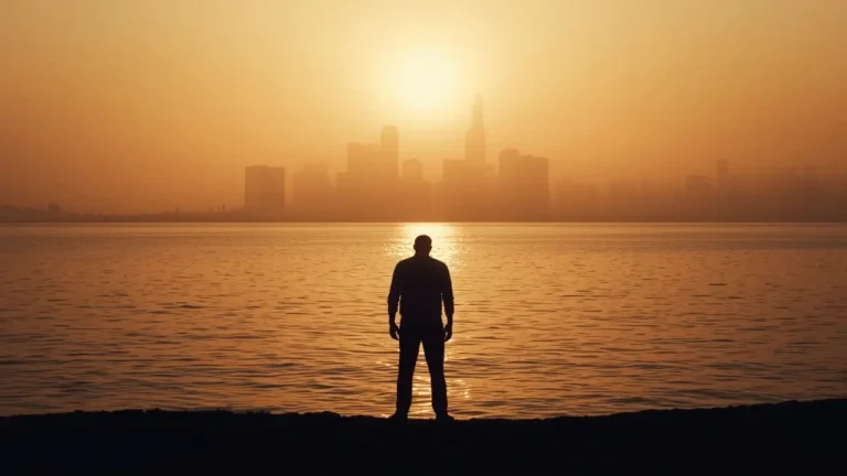 Peaceful sunrise over calm waters with a person standing still — symbolizing God’s command ‘Be still and know that I am God’ in Psalm 46