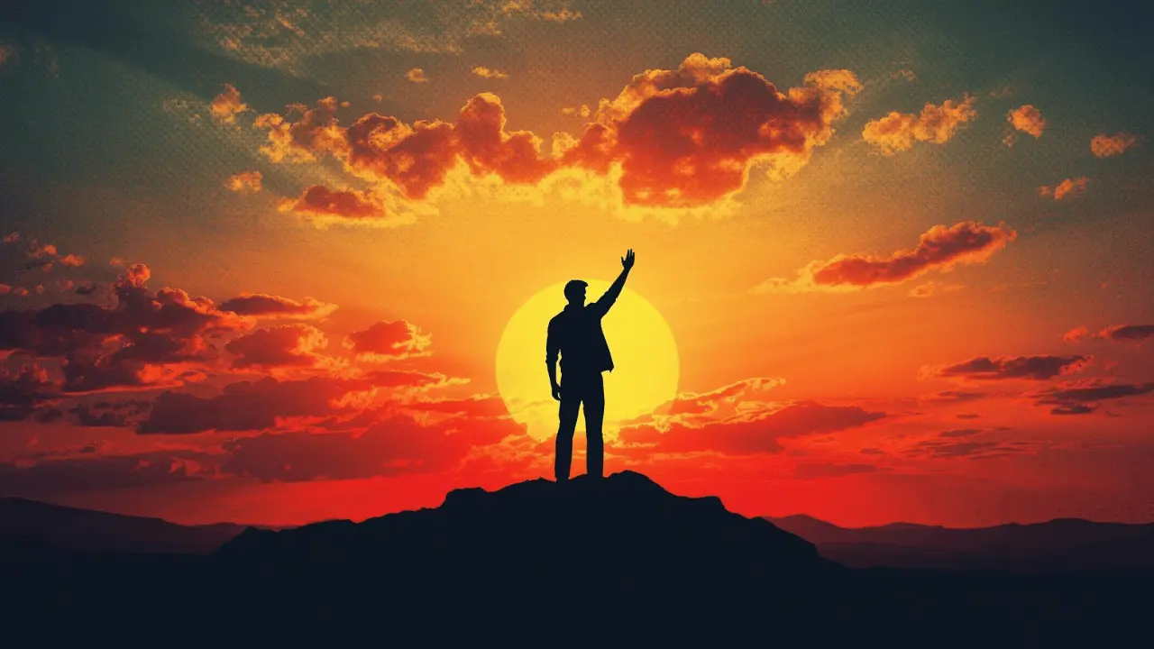a person raising a hand toward the sky at sunset, expressing righteous anger and faith in divine justice through the Psalms
