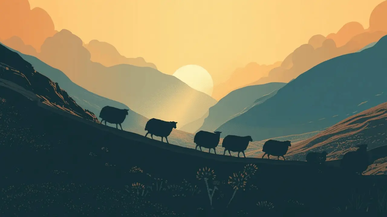 sheep walking through a peaceful valley bathed in light, symbolizing Psalm 23’s journey through life’s valleys