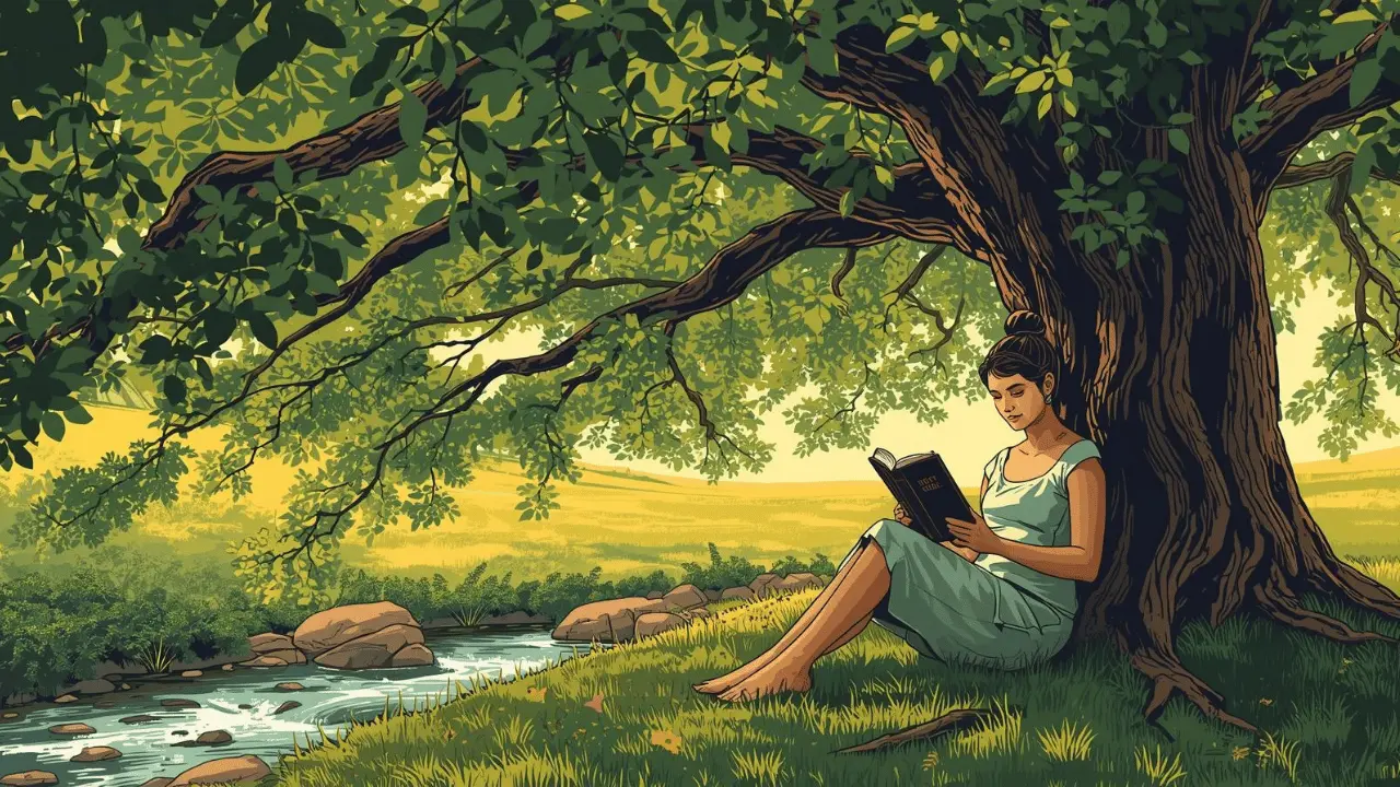 woman reading Bible under a tree by water, symbolizing delight in God’s Word from Psalm 1