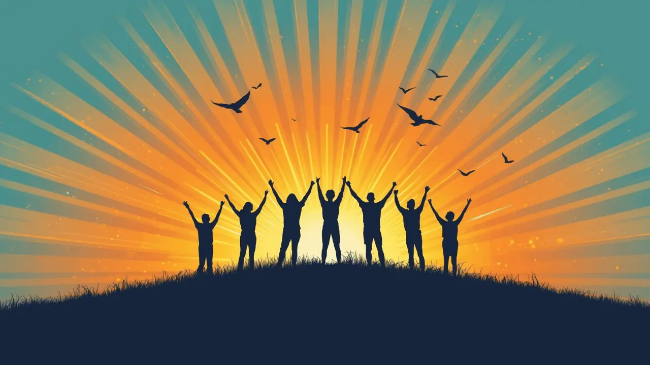 a group joyfully raising their hands in worship under a bright, open sky, representing unity and joy in praising God.