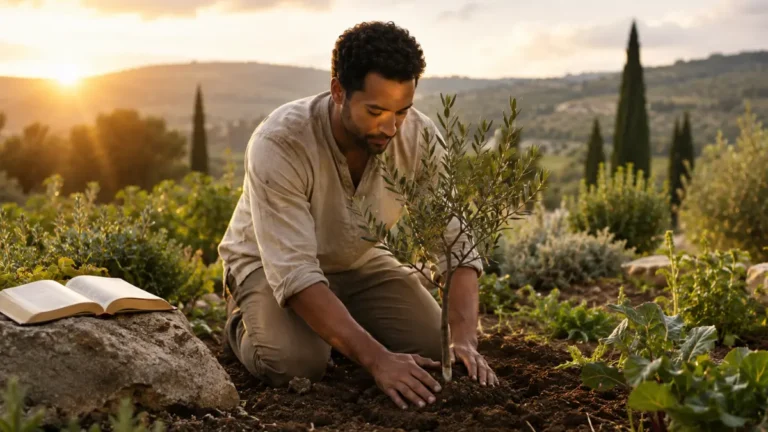 Man planting a young olive tree beside an open Bible at sunrise, representing humanity’s biblical purpose and care for creation.
