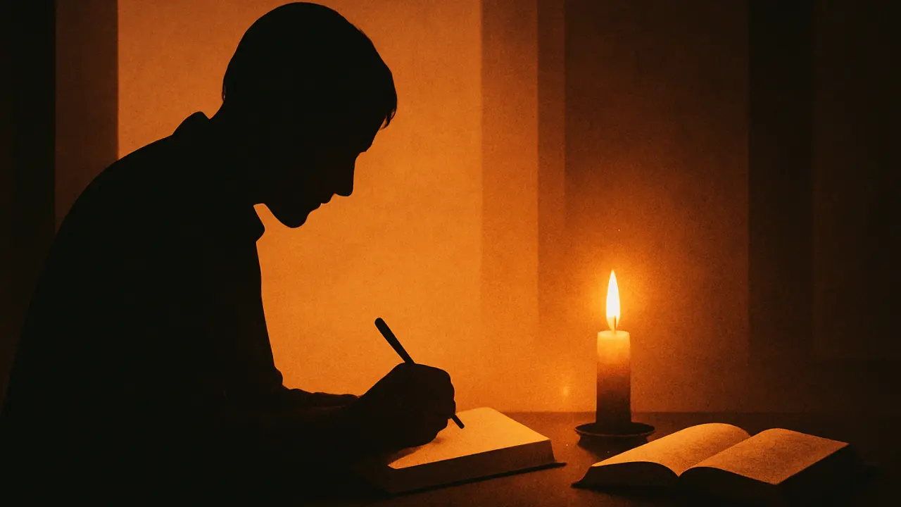 a person writing in a journal beside a candle, symbolizing creating a personal psalm of praise