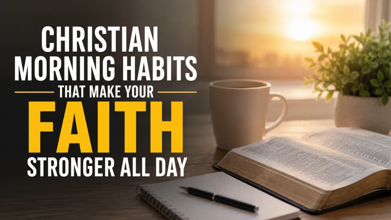 Open Bible, coffee cup, notebook, and plant in morning sunlight with text reading “Christian Morning Habits That Make Your Faith Stronger All Day.”