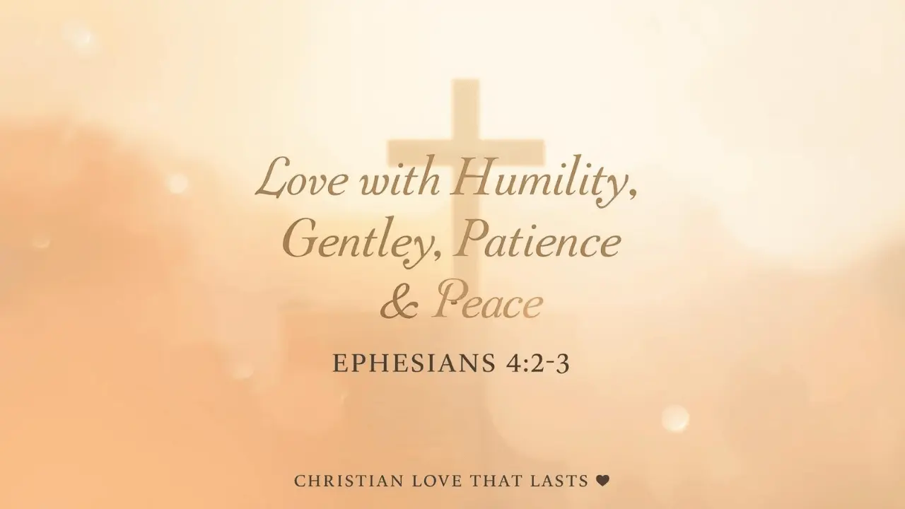 Soft pastel background with elegant Christian quote overlay about humility, gentleness, patience, and unity from Ephesians 4:2–3