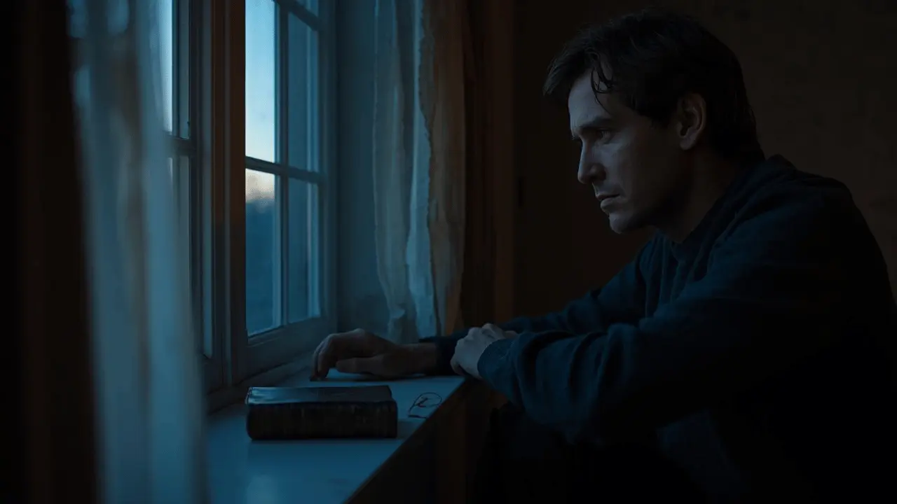 Peaceful reflection by the window on Sunday evening, representing the balance of faith and emotional awareness