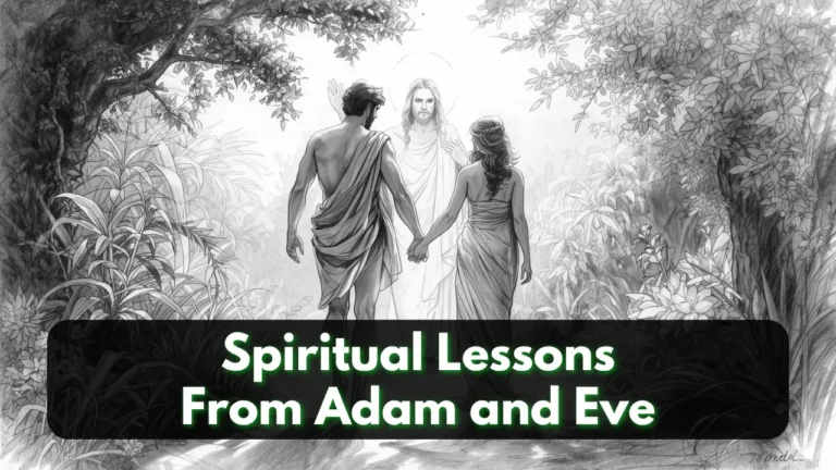 Symbolic image of Adam and Eve walking with God in a peaceful garden before the fall