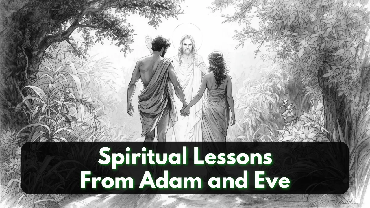 Symbolic image of Adam and Eve walking with God in a peaceful garden before the fall