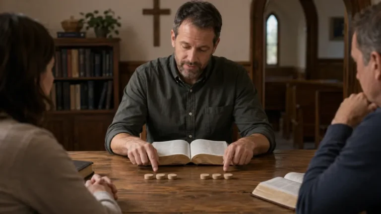 Christian Bible teacher comparing two groups of three markers beside an open Bible in a church study, representing different versions of Christianity’s 3 C’s.