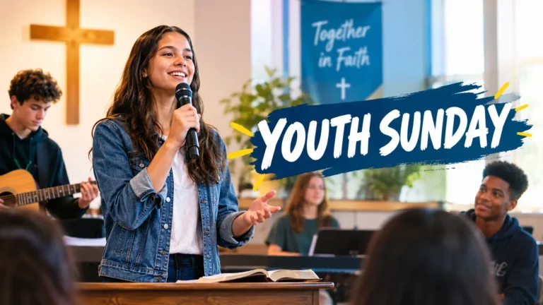 Young Christians leading a Youth Sunday church service with worship music, Bible readings, and youth participation.