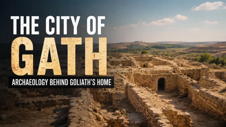 Ancient stone ruins of the biblical city of Gath with the text “The City of Gath: Archaeology Behind Goliath’s Home.”