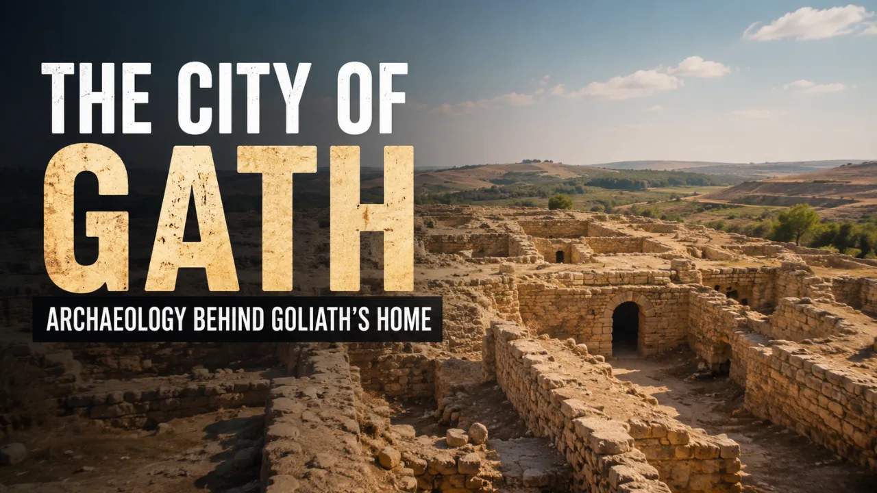 Ancient stone ruins of the biblical city of Gath with the text “The City of Gath: Archaeology Behind Goliath’s Home.”