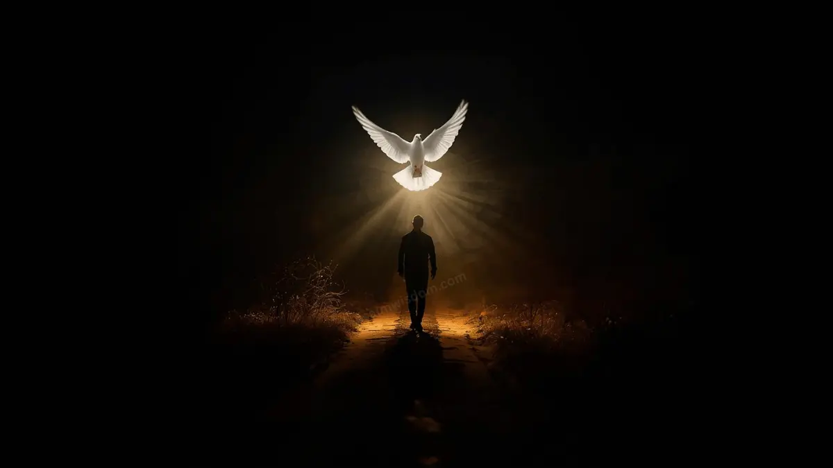 a person walking forward guided by a glowing dove