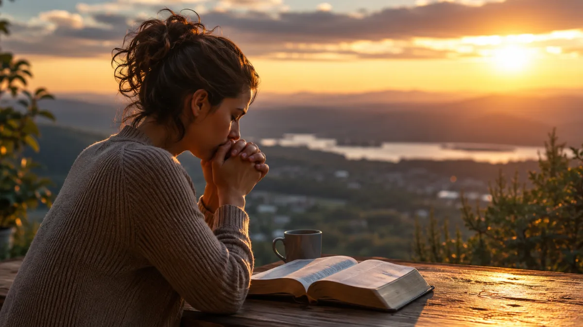 Woman praying beside an open Bible at sunset, representing the meaning of “be anxious for nothing” in Philippians 4:6.