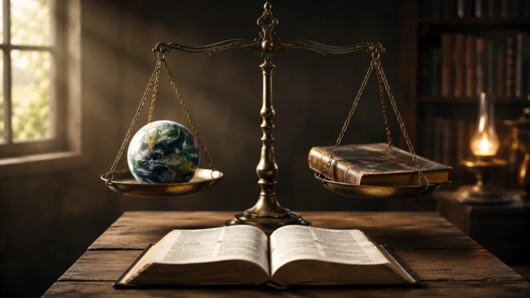 Open Bible beside a balance scale weighing a globe and an ancient book, symbolizing literal and metaphorical interpretations of biblical cosmology.