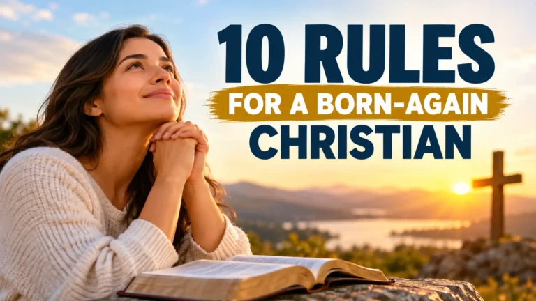 Born-again Christian praying beside an open Bible with a cross at sunset and text reading 10 Rules for a Born-Again Christian.