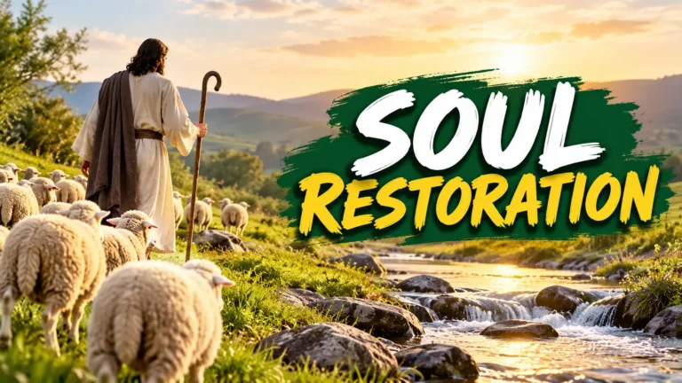 A shepherd guiding sheep beside a peaceful stream at sunset, illustrating God's care and soul restoration in Psalm 23:3.