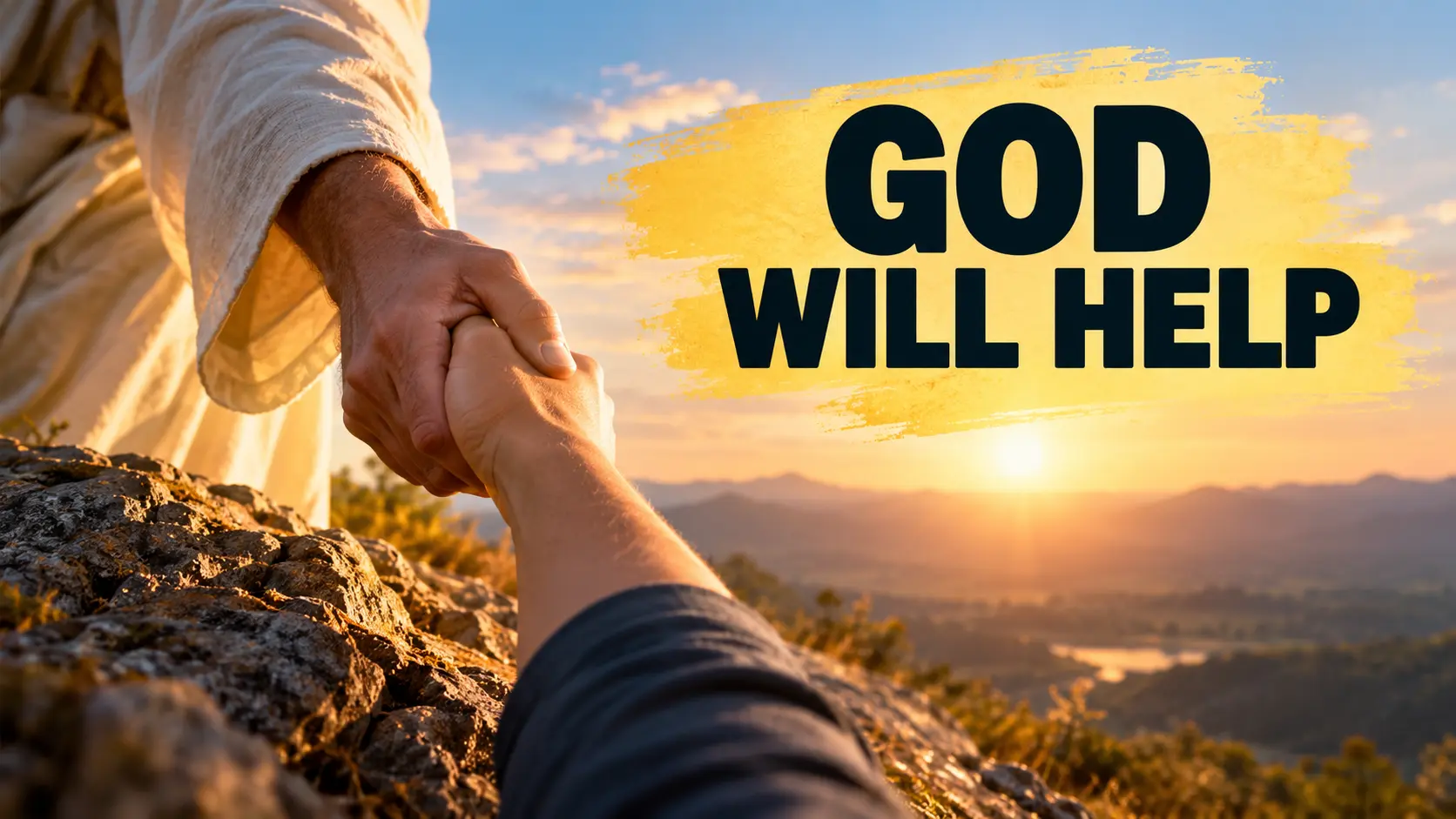 A hand reaching down to help another person on a rocky hillside at sunset, illustrating God's promise of help in Isaiah 41:13.