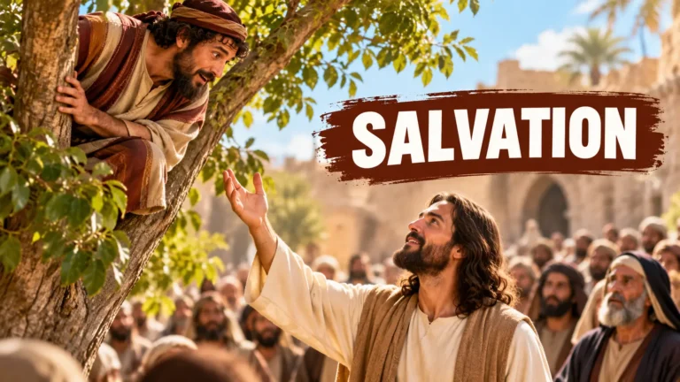 Jesus looks up and reaches toward Zacchaeus sitting in a sycamore tree as a crowd watches in Jericho, illustrating the biblical story in Luke 19.