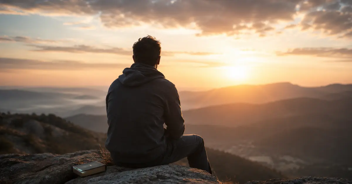 A man sitting quietly on a rocky overlook with a Bible beside him, reflecting at sunset as a symbol of finding strength in God during unstable times.