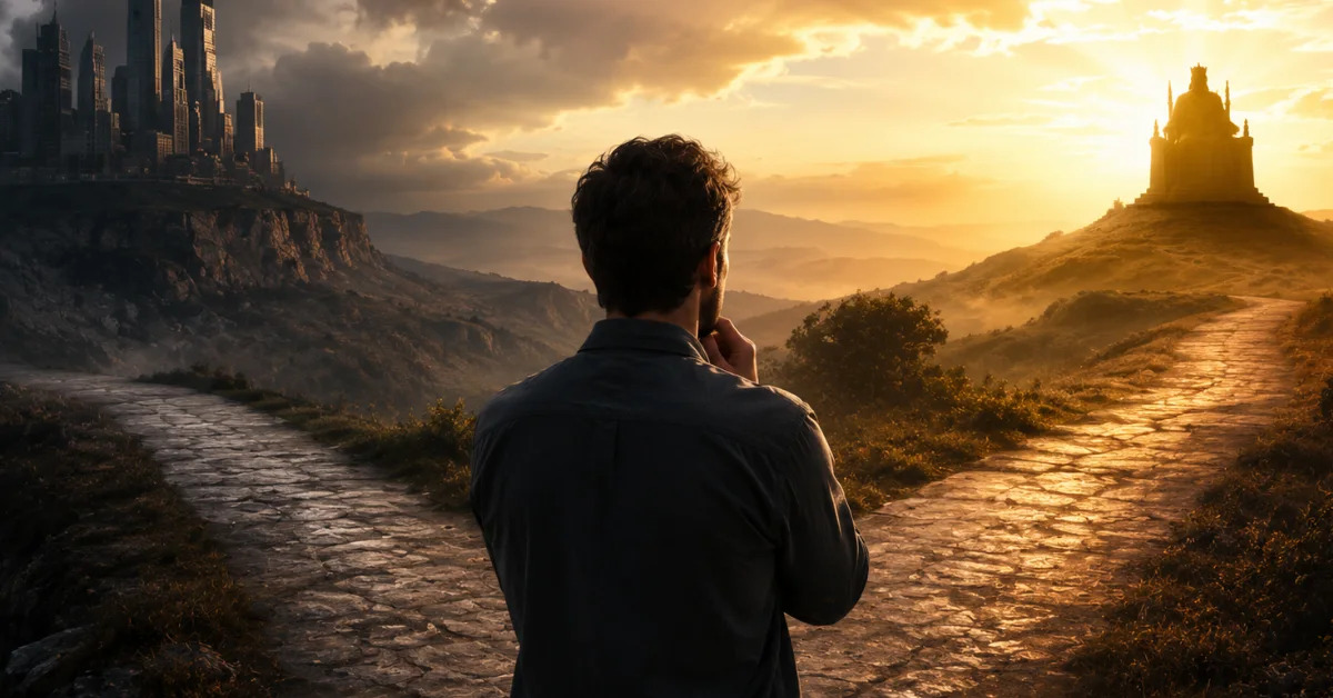 A man stands between a dark city of human ambition and a sunlit path toward a throne, symbolizing Psalm 75, pride, promotion, and God’s judgment