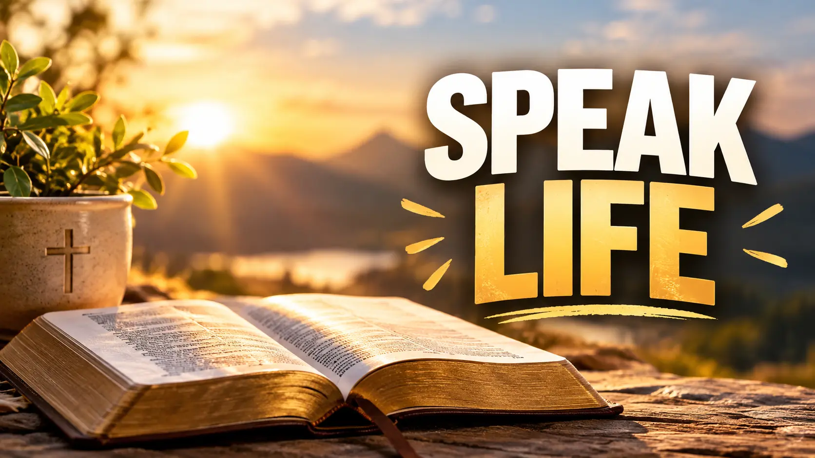 Open Bible illuminated by warm sunrise light with bold “SPEAK LIFE” text, illustrating Bible verses about the power of words and encouragement.