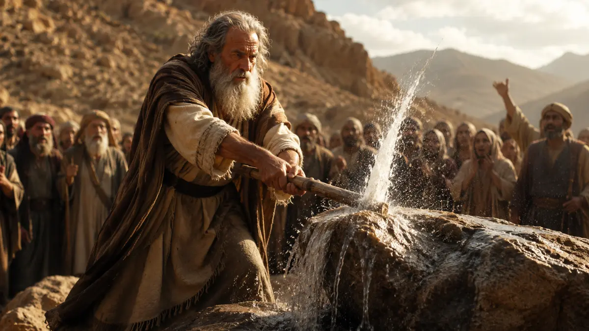 Moses striking the rock at Meribah as water flows out before the Israelites in the wilderness.