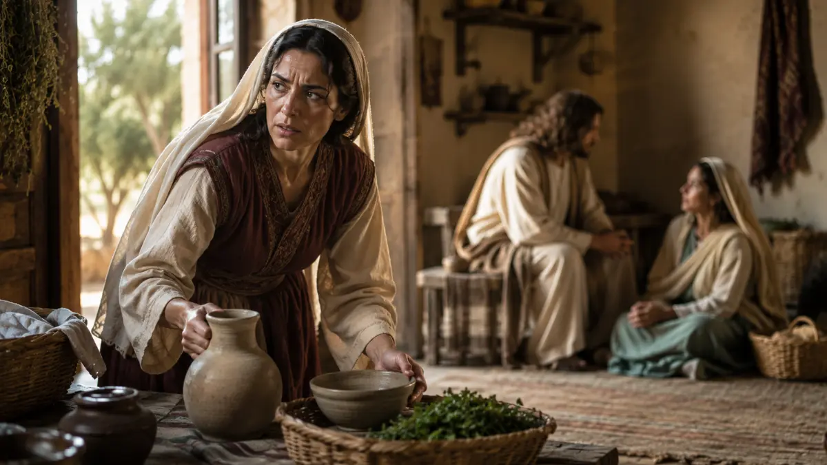 Martha serving in a busy home while Jesus speaks with Mary nearby, representing biblical lessons about service, distraction, comparison and faith.