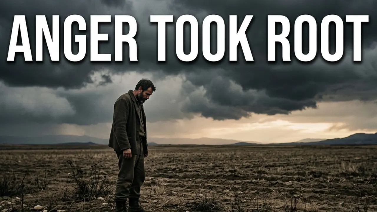 Lonely figure in a barren field symbolizing Cain’s anger and the first murder in Genesis