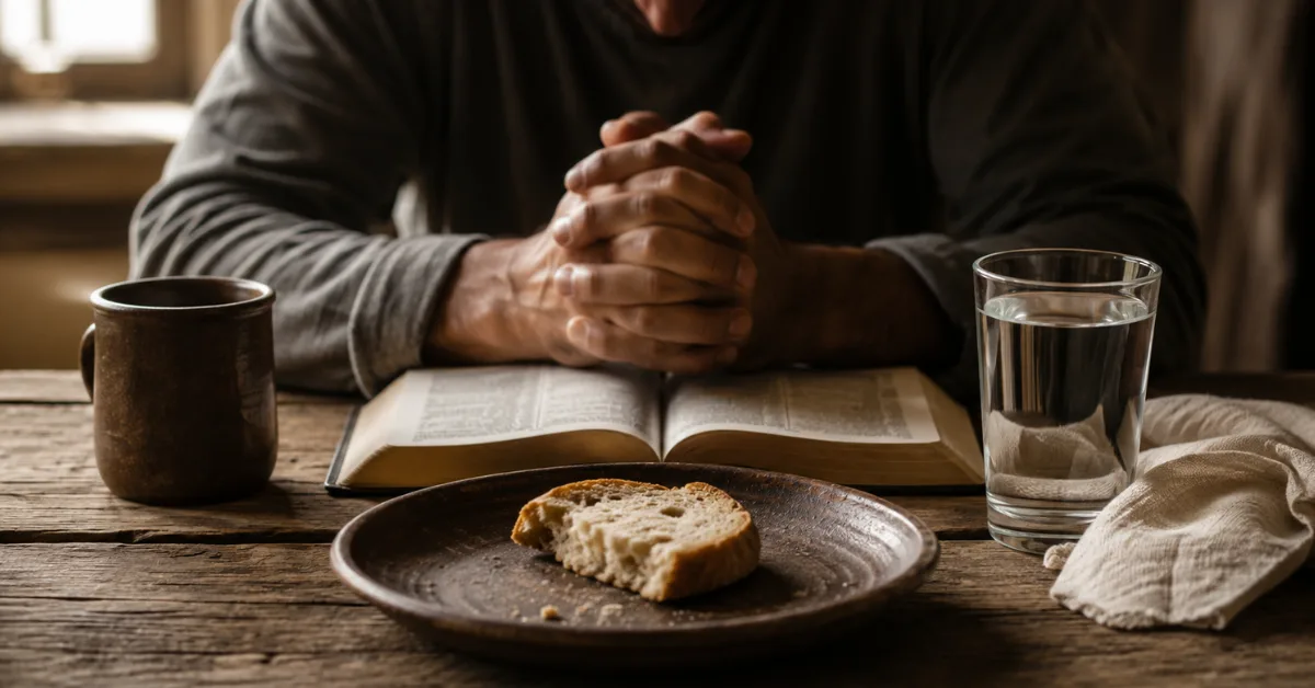A Christian praying over an open Bible beside a glass of water and untouched bread, symbolizing biblical fasting and spiritual focus