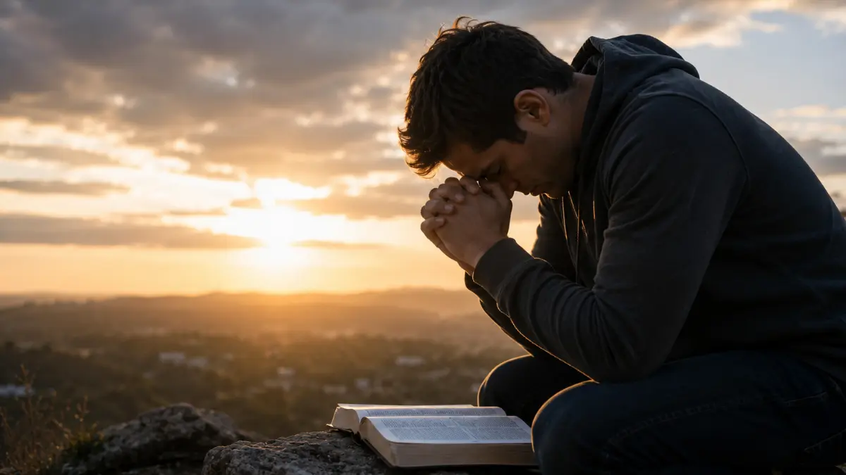 A man praying beside an open Bible at sunset, representing the lessons of Psalm 35 about trusting God through injustice, betrayal, and false accusations.