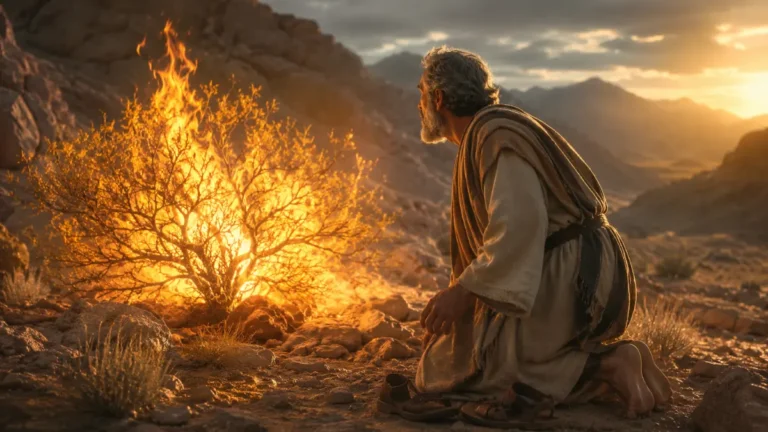 Moses kneeling barefoot before a bush burning without being consumed in the wilderness near Mount Horeb.