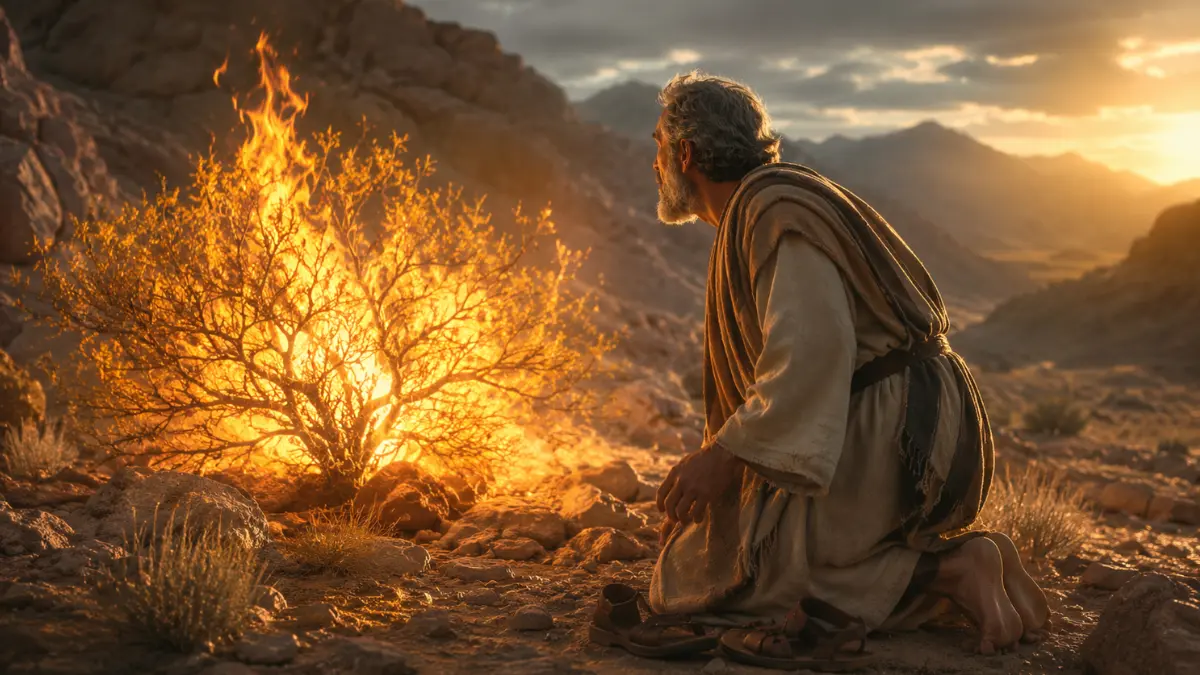 Moses kneeling barefoot before a bush burning without being consumed in the wilderness near Mount Horeb.