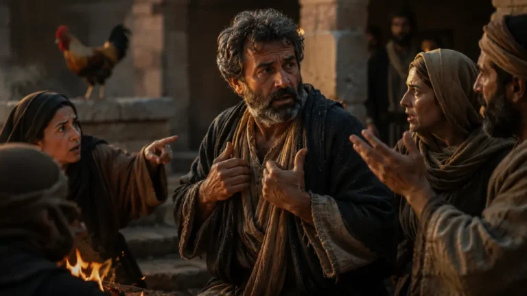 Peter denying that he knows Jesus as people question him beside a courtyard fire while a rooster stands nearby.