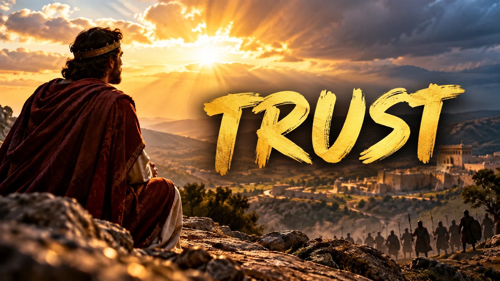 David looking toward the light while enemies gather below, illustrating trust in God and the meaning of Psalm 27.