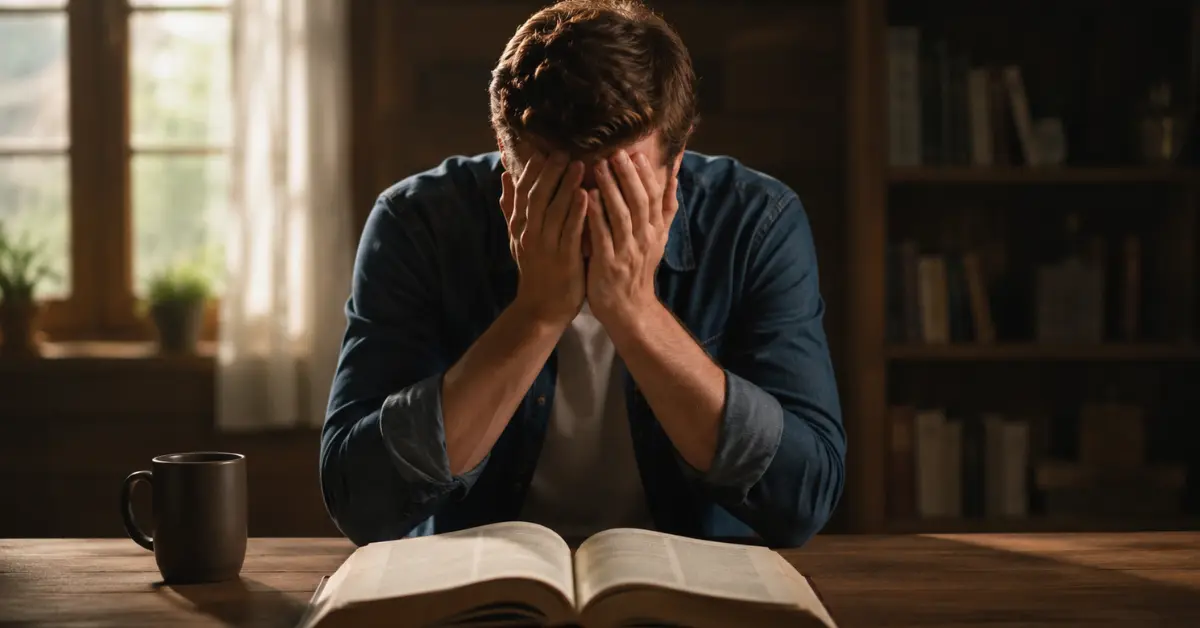 A distressed Christian man reflecting over an open Bible while struggling with the meaning of sin, guilt, repentance, and forgiveness