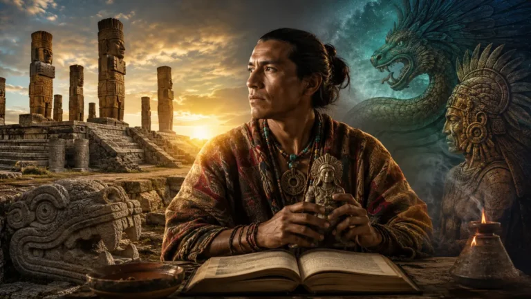 Toltec man holding a carved figure beside the ancient Atlantean statues of Tula, representing ancient Toltec religion and modern spiritual teachings.