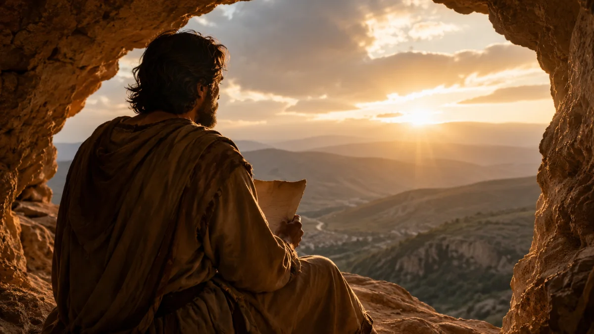 David portrayed writing Psalm 27 inside a rocky cave while looking toward the sunlit hills.