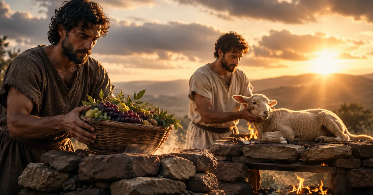 Cain brings produce while Abel presents a lamb at separate stone altars, illustrating why God accepted Abel’s offering but rejected Cain’s.