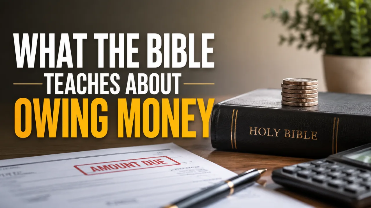 Holy Bible beside stacked coins, an amount-due notice, pen and calculator with text reading “What the Bible Teaches About Owing Money.”
