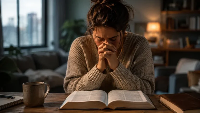 Woman praying over an open Bible while seeking Christ’s strength during a difficult season.