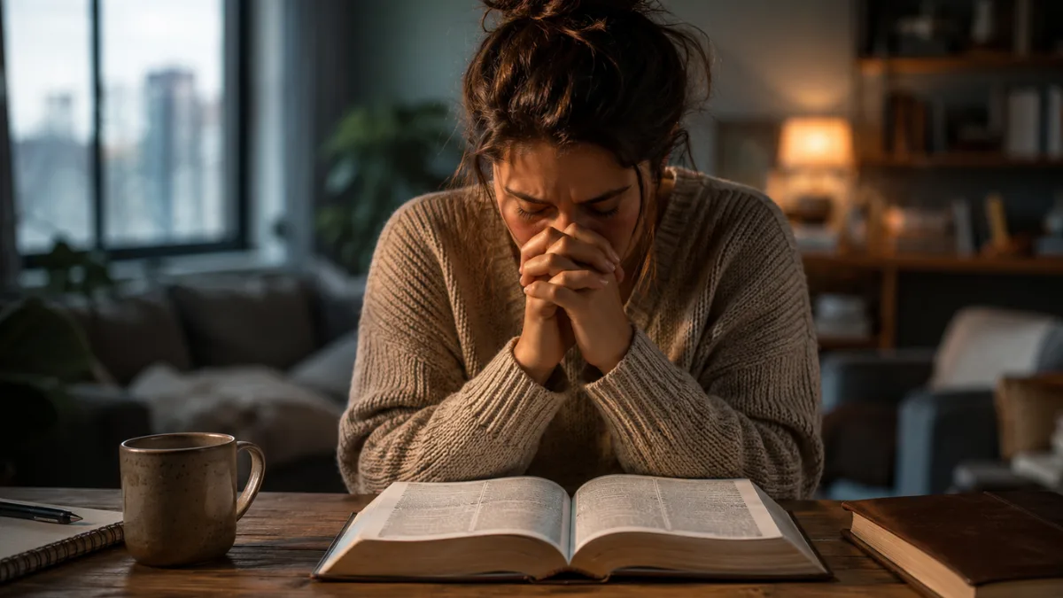 Woman praying over an open Bible while seeking Christ’s strength during a difficult season.
