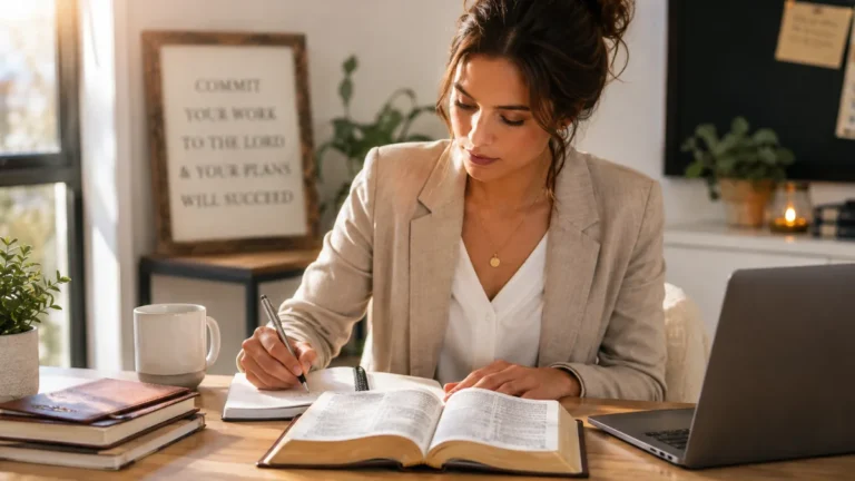 Christian woman planning her business at a desk with an open Bible, notebook, and laptop.