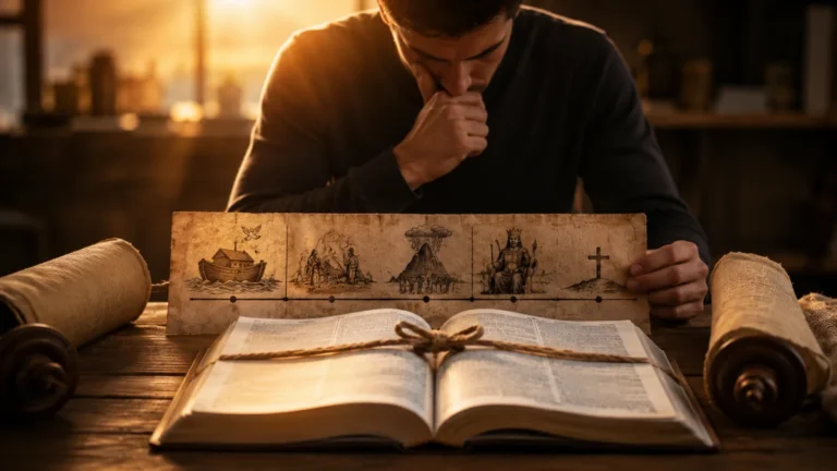 Man studying an open Bible with covenant imagery representing Noah, Abraham, Israel, David, and the new covenant.