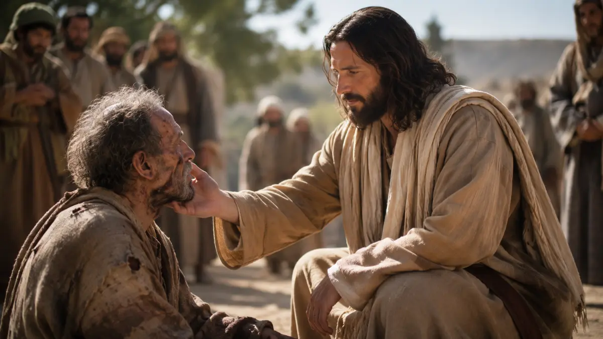 Jesus compassionately touching and healing a man with leprosy in a biblical-era setting, illustrating Matthew 8:1–4.