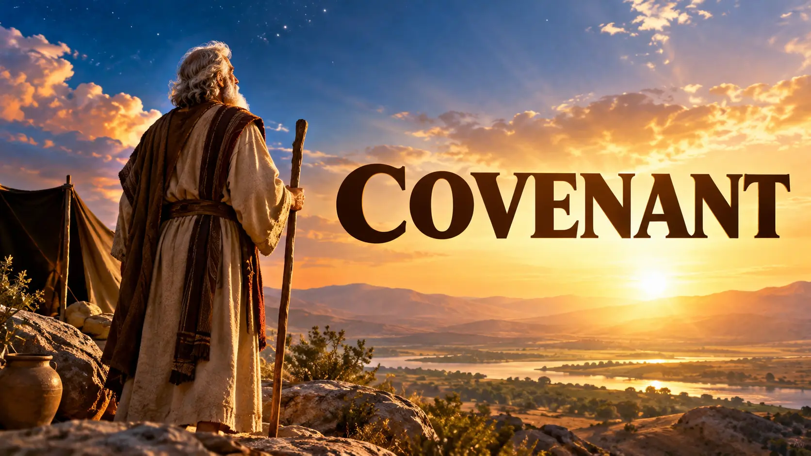 Abraham standing with his staff overlooking the promised land beneath a starry sky and golden sunrise, illustrating God's covenant with Abraham in the Bible.