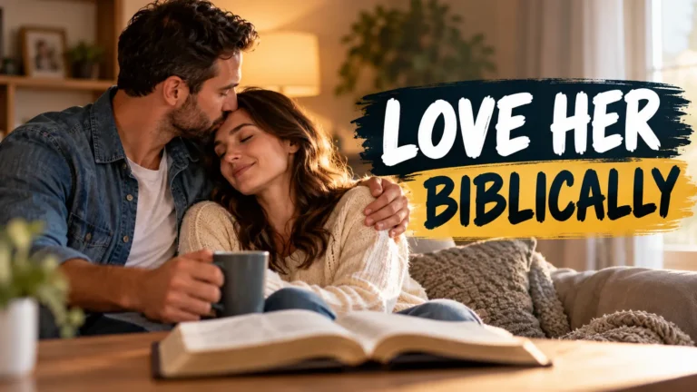 A husband lovingly kisses his wife's forehead as they sit together at home with an open Bible, illustrating biblical love in everyday marriage.
